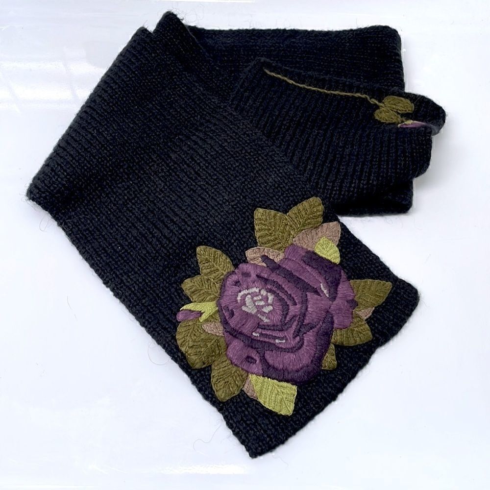 Black Knit Scarf with Flower Appliqué